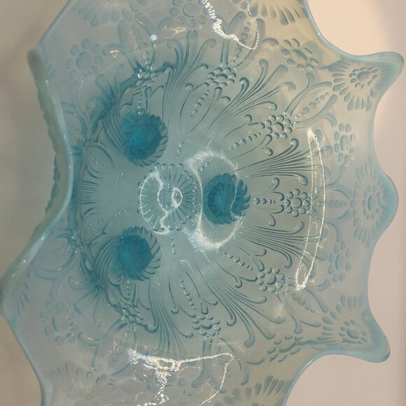 Antique Northwood Blue Opalescent Pearl Flowers Footed Bowl 9” Diameter - Picture 2 of 6
